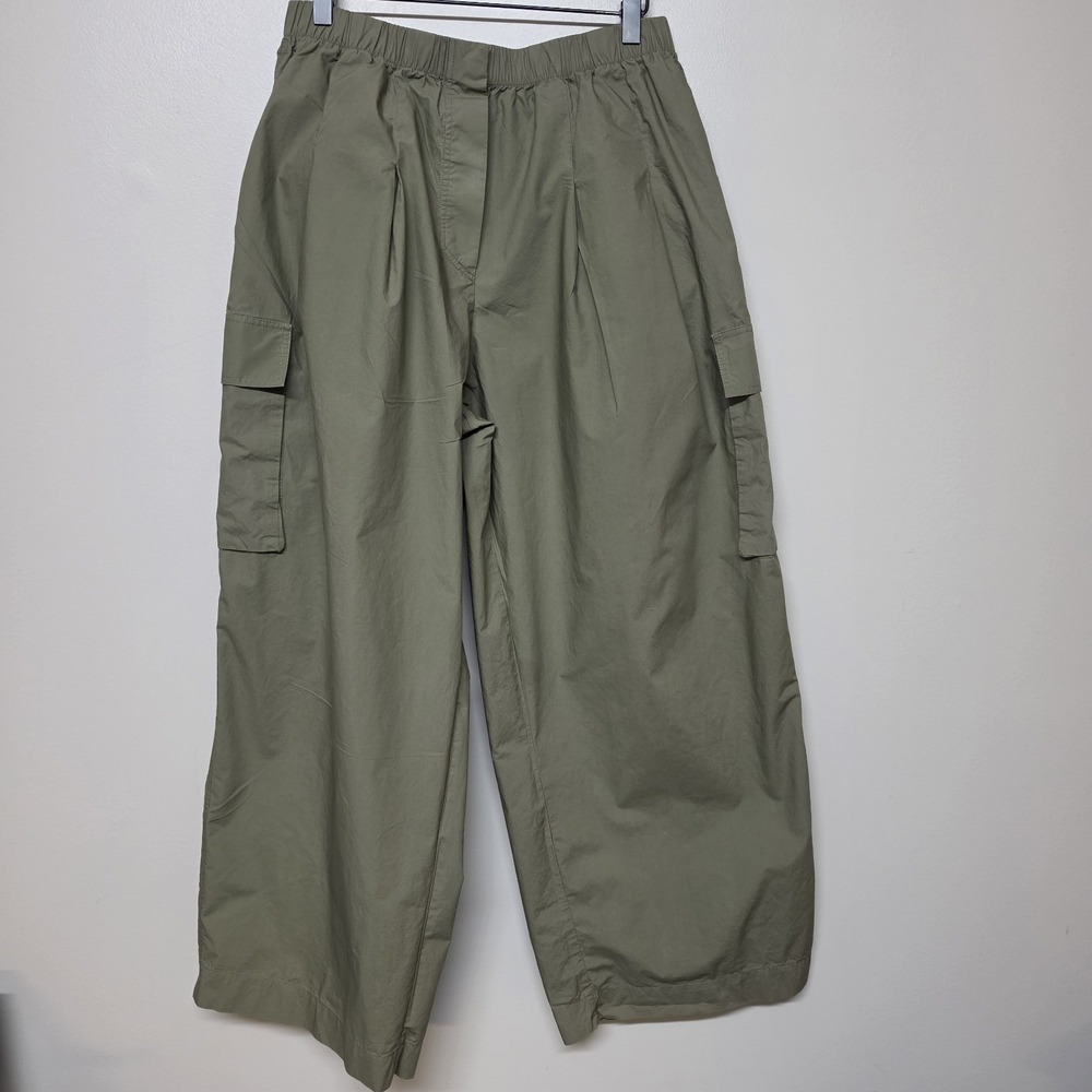 Oysho Cargo Pants Womens L Olive Green Wide Leg Utility Cotton Elastic Waist